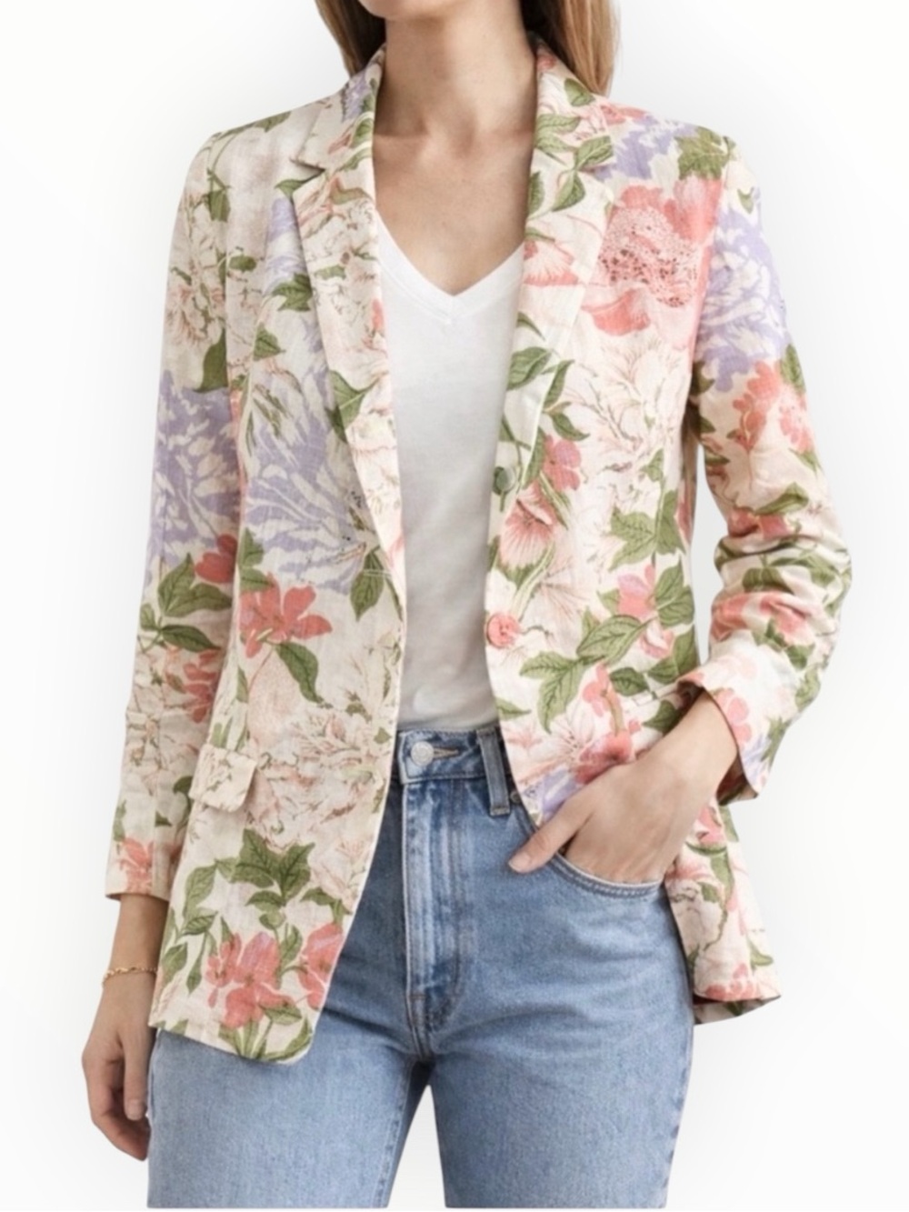 NEW Joie Linen Floral Blazer Jacket Cottagecore Pink Beige Purple Size Medium